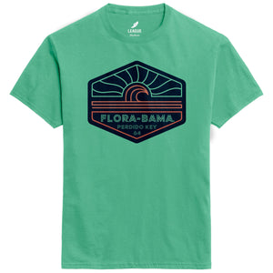 A green t-shirt with a graphic wave print on the front that includes the text 'FLORA-BAMA' 
