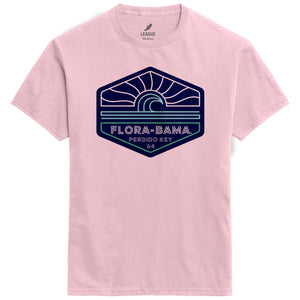 A pink t-shirt with a graphic wave print on the front that includes the text 'FLORA-BAMA' 