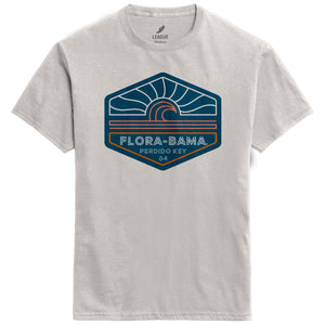 A gray t-shirt with a graphic wave print on the front that includes the text 'FLORA-BAMA' 