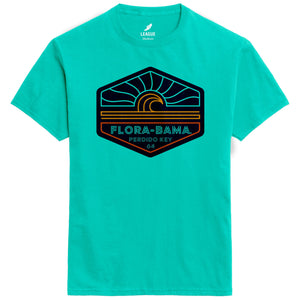 A teal t-shirt with a graphic wave print on the front that includes the text 'FLORA-BAMA' 