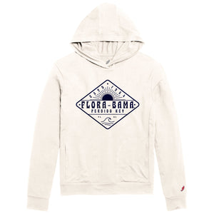 A beige hoodie with the Flora-Bama text across the front with waves and sun