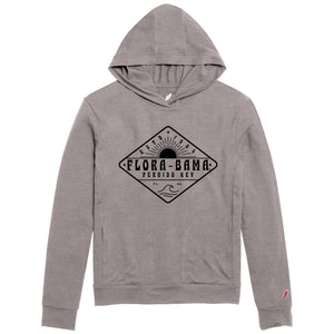 A gray hoodie with the Flora-Bama text across the front with waves and sun