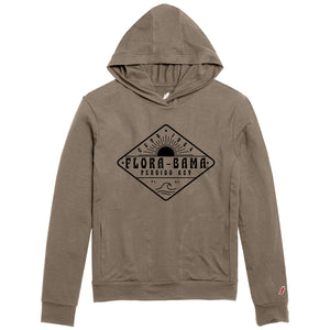 A brown hoodie with the Flora-Bama text across the front with waves and sun