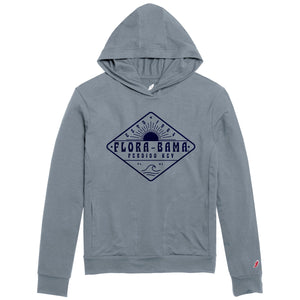 A gray hoodie with the Flora-Bama text across the front with waves and sun