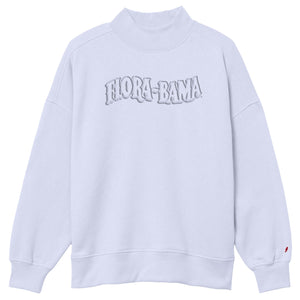 white nockneck sweatshirt with florabama logo on the front