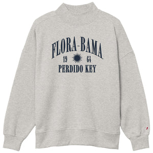 heather gray mockneck sweatshirt with flora bama perdido key text across the front