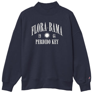 navy blue mockneck sweatshirt with flora bama perdido key text across the front