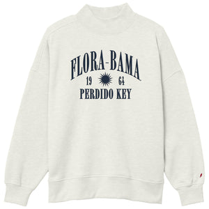 white mockneck sweatshirt with flora bama perdido key text across the front