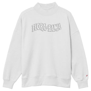 White sweatshirt with 'Flora-Bama' text on a white background