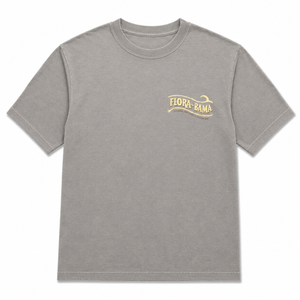 Gray t-shirt with a yellow logo on a white background