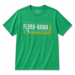 Green t-shirt with 'Flora-Bama' graphic on a white background