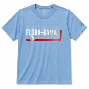 Blue t-shirt with 'Flora-Bama' graphic on a white background