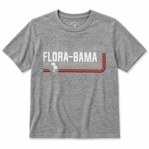 Gray t-shirt with 'Flora-Bama' graphic design on a white background