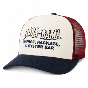cream trucker hat with black bill, maroon mesh back and embroidered flora bama logo