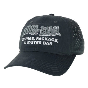 black baseball cap with grey flora bama embroidered logo on front with white text below