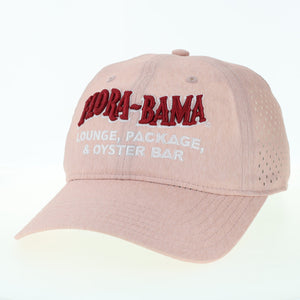 pink baseball cap with red flora bama embroidered logo on front with white text below