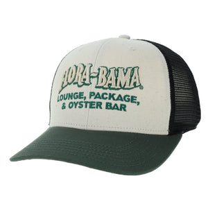 A cream Flora-Bama branded trucker cap with a mid-profile structured crown, a slightly curved visor, green bill, black mesh backing and an open back snap closure. embroidered logo on the front with green text.