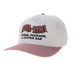 white cap with pink bill and pink embroidered flora bama logo on front