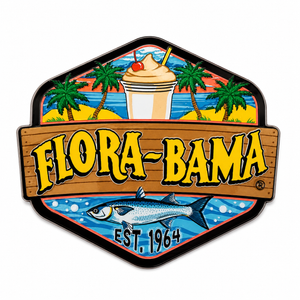 Flora-Bama logo with a beach scene, drink, and fish on a white background