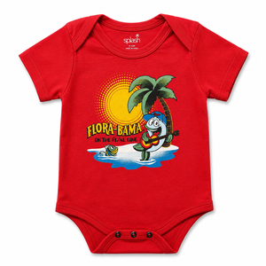 Red baby onesie with 'Flora-Bama' and fish playing guiltar