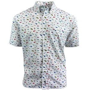 white button up collard shirt with fishing lure pattern