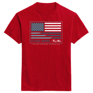 Red t-shirt with American flag graphic and text on a white background