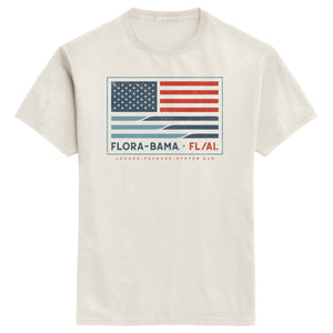 White t-shirt with American flag graphic and 'Flora-Bama' text on a white background