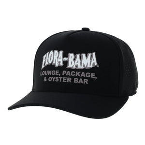 A black cap with 'FLORA-BAMA LOUNGE, PACKAGE, & OYSTER BAR' white text on the front.