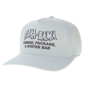 A white cap with 'FLORA-BAMA LOUNGE, PACKAGE, & OYSTER BAR' white text on the front.