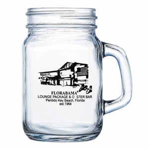 Clear glass mug shot glass with Florabama Lounge Package & Oyster Bar New building sketch