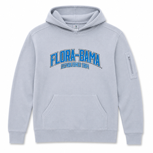 Gray hoodie with 'Flora-Bama' text on a white background