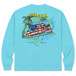 Light blue long-sleeve shirt with 'Flora-Bama' and 'Gulf of America' graphic 