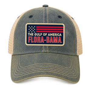 Trucker hat with 'The Gulf of America Flora-Bama' american flag patch