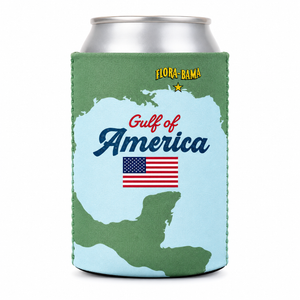 Can cooler with 'Gulf of America' design and Flora-Bama logo on a white background