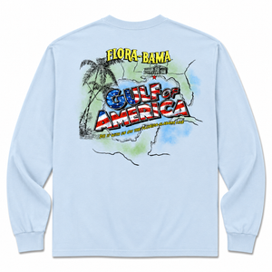 Light blue long-sleeve shirt with 'Flora-Bama' and 'Gulf of America' graphic