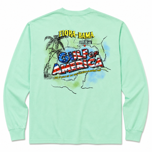 Light green long-sleeve shirt with 'Gulf of America' graphic 