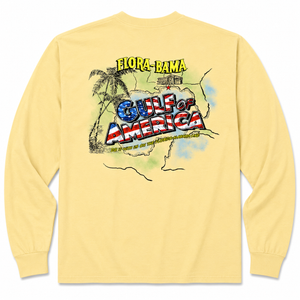 Yellow long-sleeve shirt with 'Gulf of America' graphic and palm tree design 