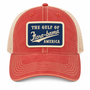 Red trucker hat with a patch reading 'The Gulf of Flora-bama America' 