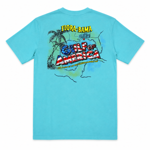 Blue t-shirt with 'Flora-Bama' and 'Gulf of America' graphic on a white background