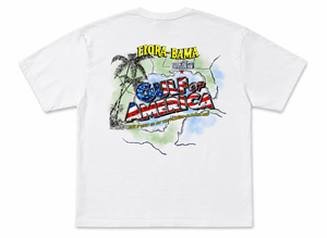 White t-shirt with a colorful graphic design on the back featuring text and a map.
