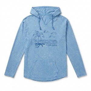Blue hoodie with palm tree design and 'Flora-Bama' text on a white background