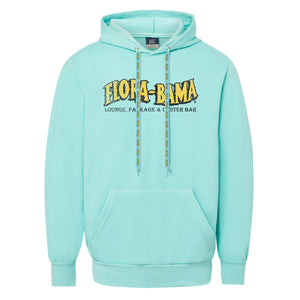 teal  hoodie with yellow flora bama logo across the front