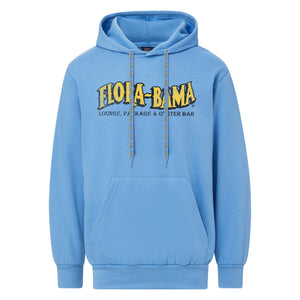Blue hoodie with yellow flora bama logo across the front
