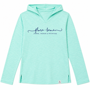 Mint green hoodie with 'flora-bama' logo in script across the front