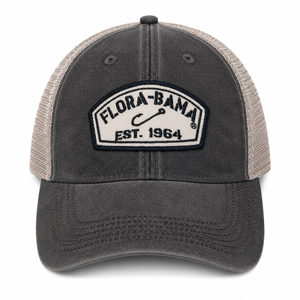 black hat with hook patch and flora bama text