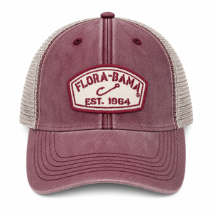 maroon mesh hat with hook patch and flora bama text