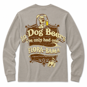 Long-sleeve shirt with 'In Dog Beers I've Only Had One Flora-Bama' graphic on a beige background