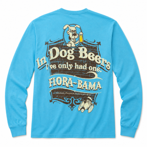 Blue long-sleeve shirt with a graphic design featuring a dog and text 