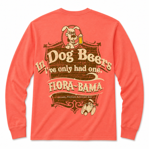 Red long-sleeve shirt with graphic design and text on a white background