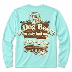 Light blue long-sleeve shirt with a graphic design on the back featuring text and a dog holding a beer mug.